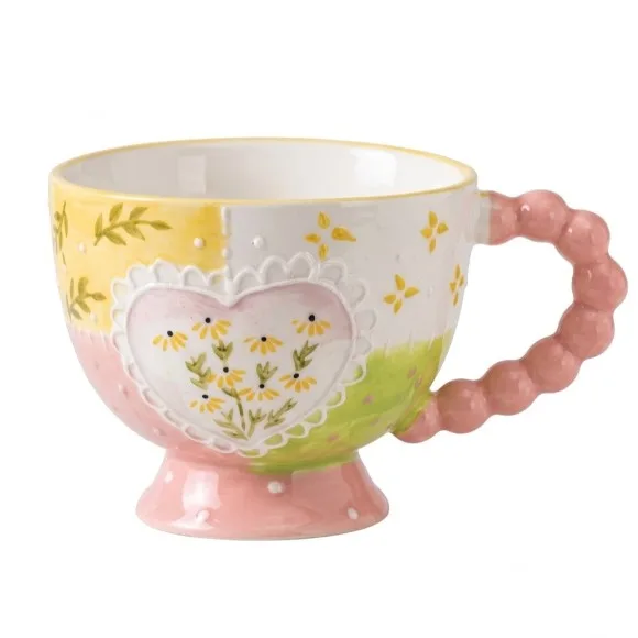 Hand-Painted Floral Ceramic Cup Creative Non-Slip Design with Colorful Beaded Handle Microwave Safe 1Pc