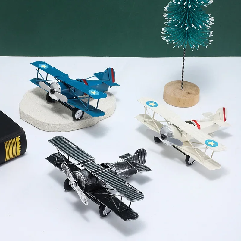 Wholesale Factory Hand-painted Retro Model Biplane Fighter Jet Creative Home Office Decoration Metal Aircraft Model Ornaments