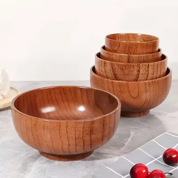 Handcrafted Solid Wood Round Bowls Noodle Bowls Rice Bowls Soup Bowls Dessert And Fruit Salad Bowls