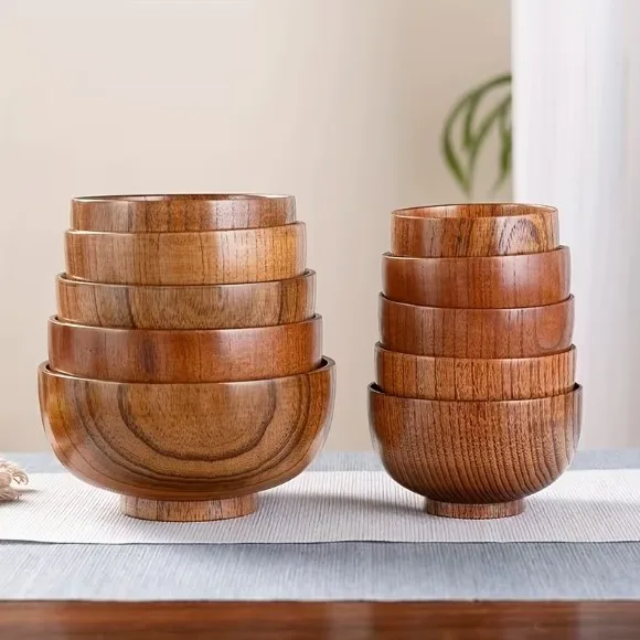 Handcrafted Solid Wood Round Bowls Noodle Bowls Rice Bowls Soup Bowls Dessert And Fruit Salad Bowls