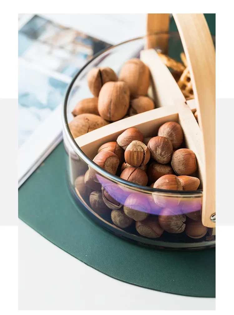 Borosilicate Glass Basket Fruit Nut Plate Container with Wooden Handle