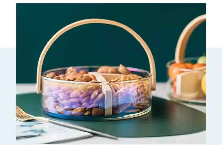 Borosilicate Glass Basket Fruit Nut Plate Container with Wooden Handle