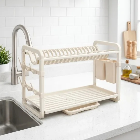 Heavy Duty Dish Rack  2-Tier Space-Saving Dish Drying Rack with Cutlery Caddy & Glass Holders