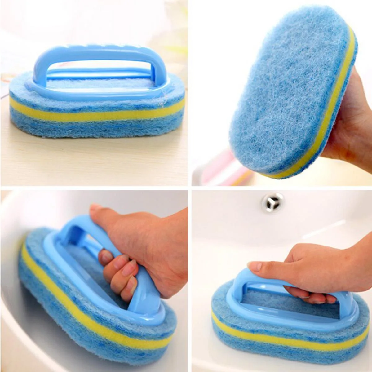 Blue Multi-Function Handles Sponge Brush Kitchen Bathroom Cleaning Sponge