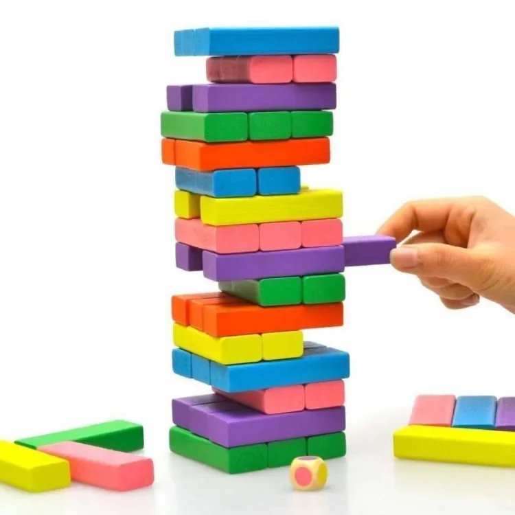 Jenga Wooden Kids Game Small Size 45 Blocks with 2 Dice Stacking Tumbling Tower Multicolor