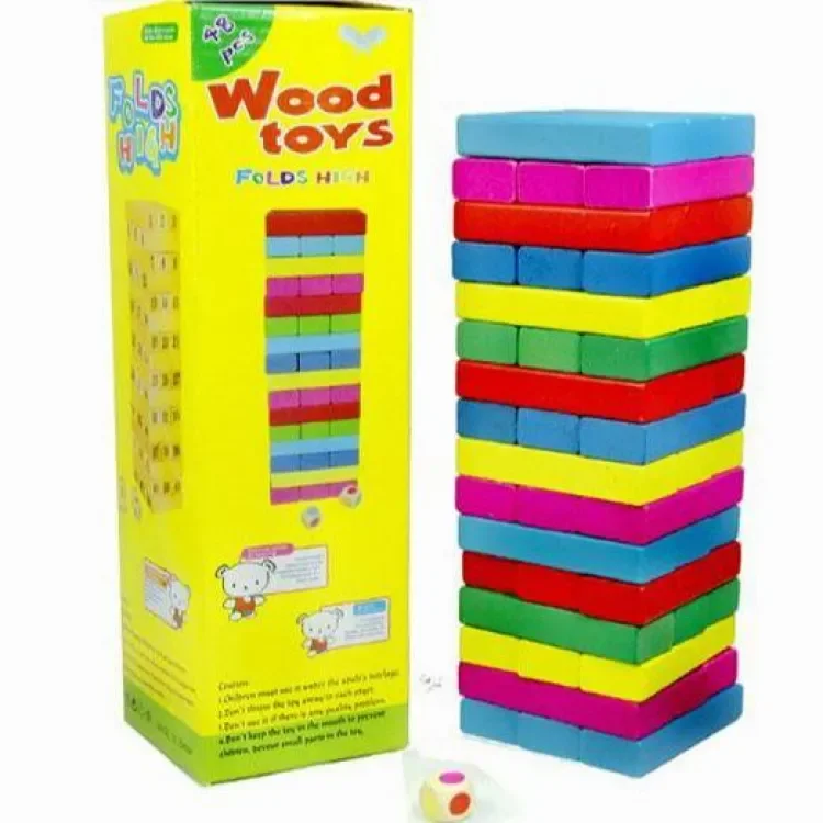Jenga Wooden Kids Game Small Size 45 Blocks to build a tower with 2 Dice Stacking Multicolour(electro mania trader)