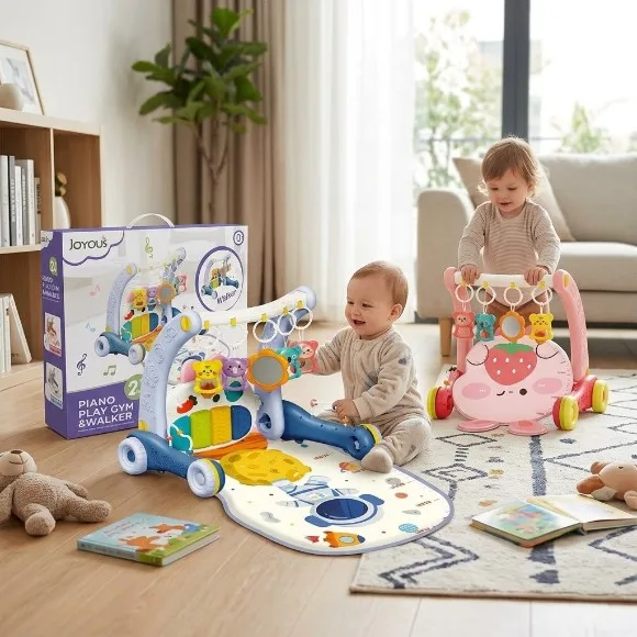 Joyous 2-in-1 Piano Play Gym and Walker Musical Baby Walker with Activity Play Mat & Hanging Toys - 9881