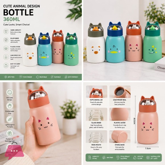Kids Thermal Mug Creative Cartoon Design with Pets 360ML