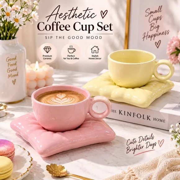 Macarone Pillow Ceramic Coffee Tea Cup 1 Set - 220ml