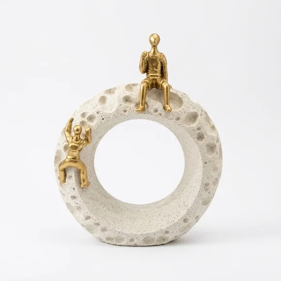Abstract Resin Moon Crater Art Sculpture with Climbing Golden Figures 10 x 9 Inch