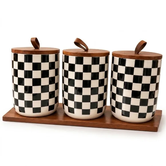 Modern Checkered Ceramic Kitchen Canister Set (3 Pcs) with Wooden Tray & Airtight Lids