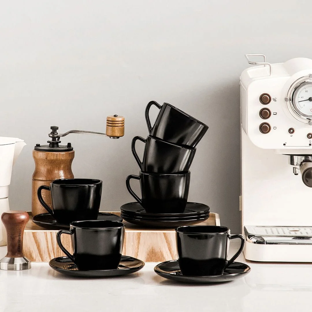 MALACASA, Series Dennis, 6-Piece Glassware Coffee Set Dinnerware Set, Black Square Coffee Cup and Saucer, 5.5'' 220 ml