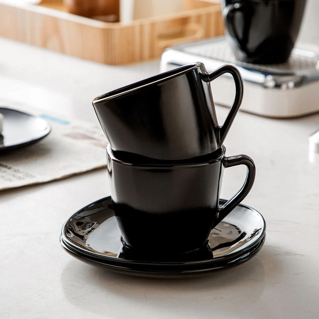 MALACASA, Series Dennis, 6-Piece Glassware Coffee Set Dinnerware Set, Black Square Coffee Cup and Saucer, 5.5'' 220 ml