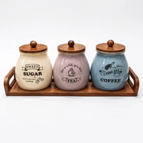 Pastel Ceramic Coffee, Tea & Sugar Canister with Wooden Tray & Airtight Lids Set (3 Pcs)