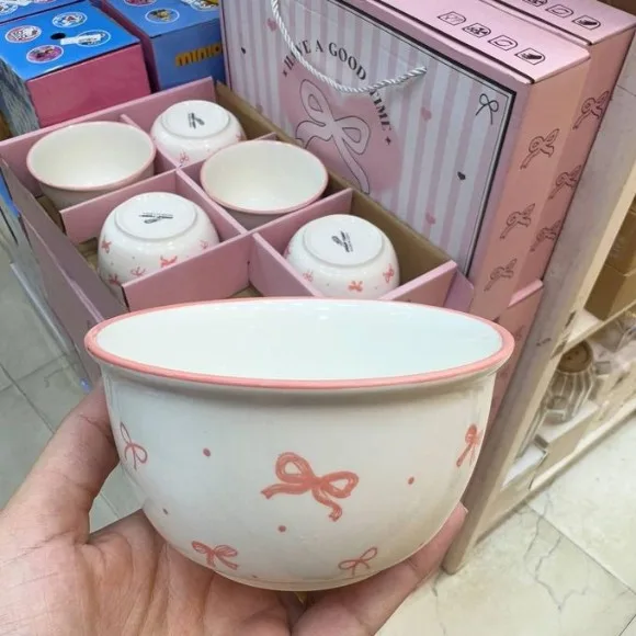Pookie Bow Design Porcelain Bowl Set with Floral Patterns Serving Bowls