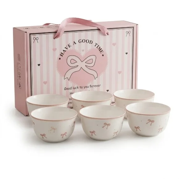Pookie Bow Design Porcelain Bowl Set with Floral Patterns Serving Bowls