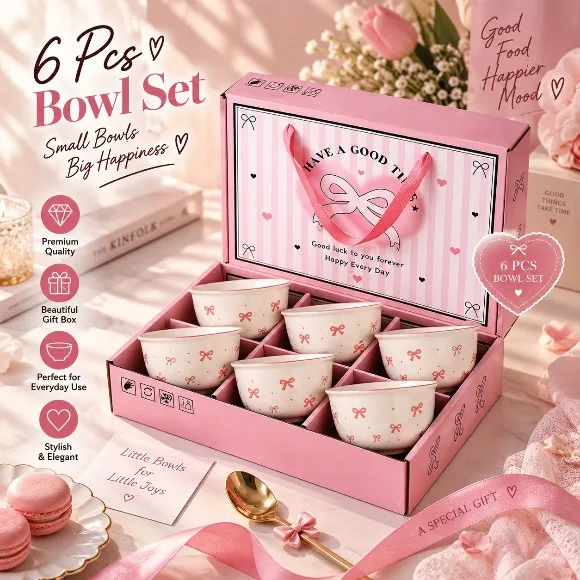 Pookie Bow Design Porcelain Bowl Set with Floral Patterns Serving Bowls
