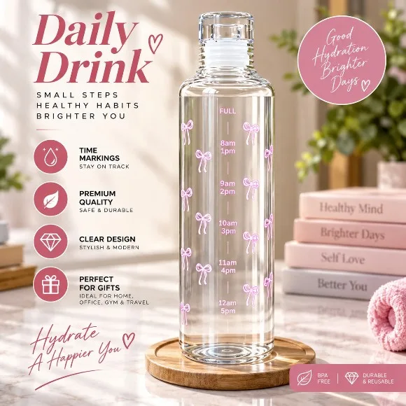 Pookie Bow Water Bottle Borosilicate Glass Fitness Timeline 750ml