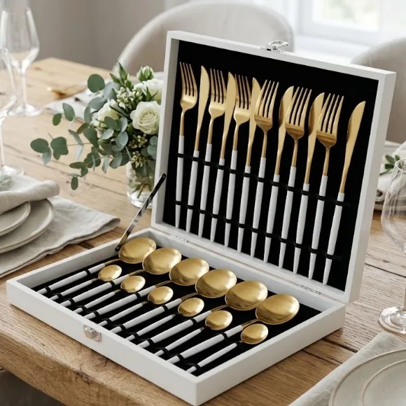 Portuguese Cutlery Set of Spoons, Forks and Knives Set Wooden Box - 24 Pieces
