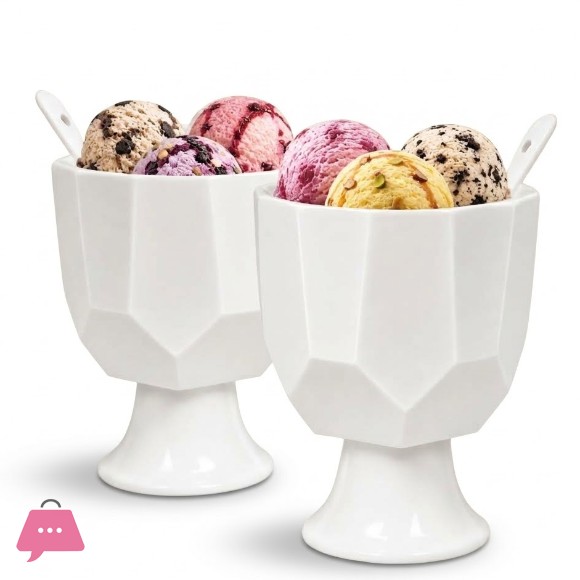 Premium Ceramic Pedestal Ice Cream & Dessert Bowls with Spoons Set of 6 Bowls
