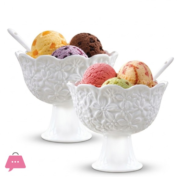 Premium Ceramic Pedestal Ice Cream & Dessert Bowls with Spoons Set of 6 Bowls