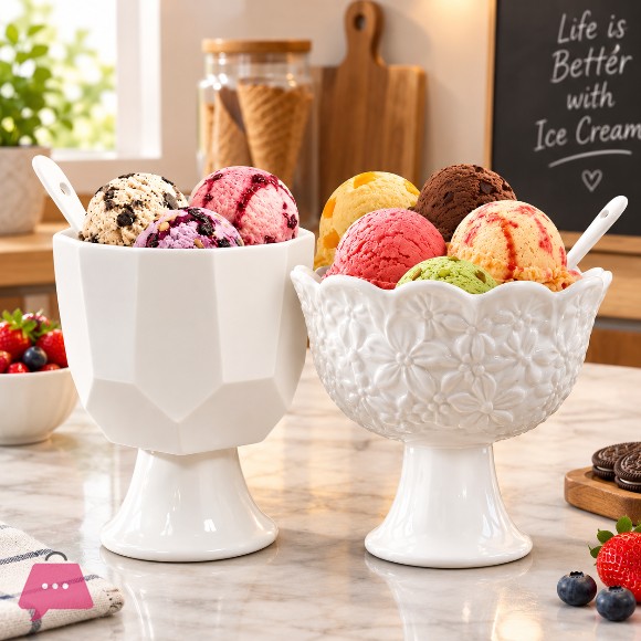 Premium Ceramic Pedestal Ice Cream & Dessert Bowls with Spoons Set of 6 Bowls