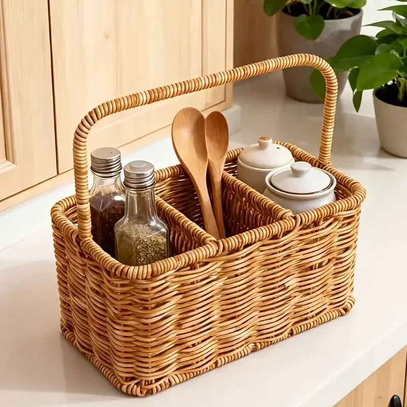   rattan style storage basket kitchen spice jar organizer home desktop clutter tidy basket   handheld storage basket Product details 1