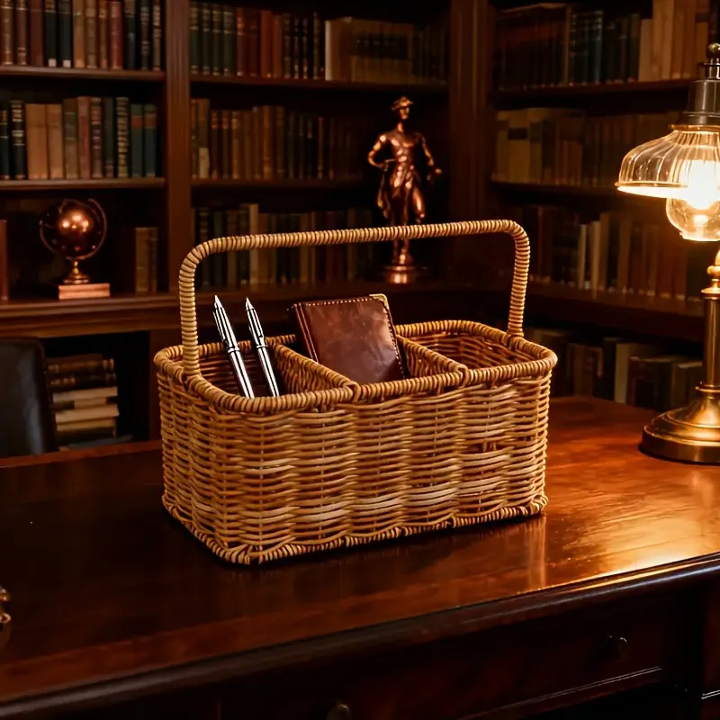   rattan style storage basket kitchen spice jar organizer home desktop clutter tidy basket   handheld storage basket Product details 3