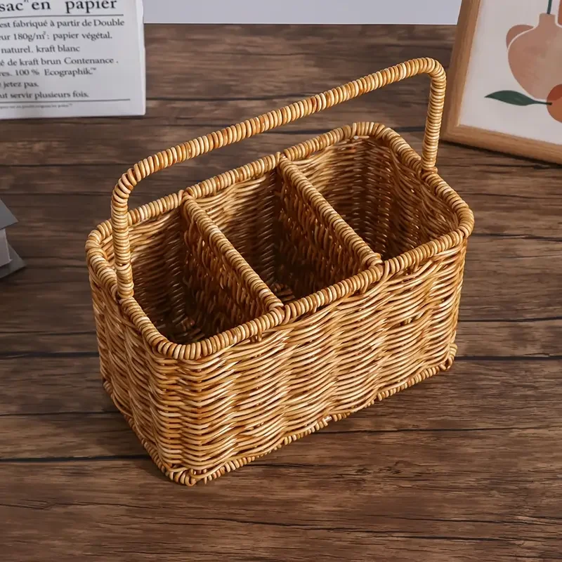   rattan style storage basket kitchen spice jar organizer home desktop clutter tidy basket   handheld storage basket Product details 4
