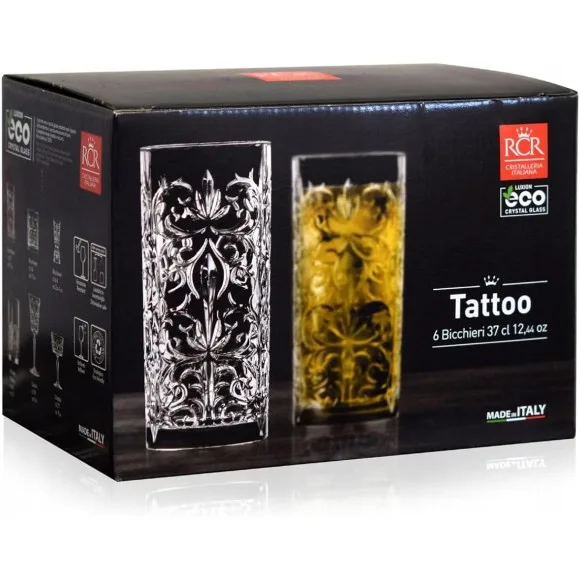 RCR Cristalleria Italiana Tattoo Luxury Crystal Long Drink Water Juice Glass Tumbler - Set of 6 368ml - Italy Made 269410