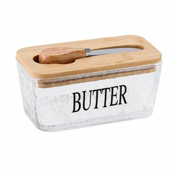 Rectangular Frosted Glass Butter Dish with Countertop Butter Container Glass with Wooden Lid