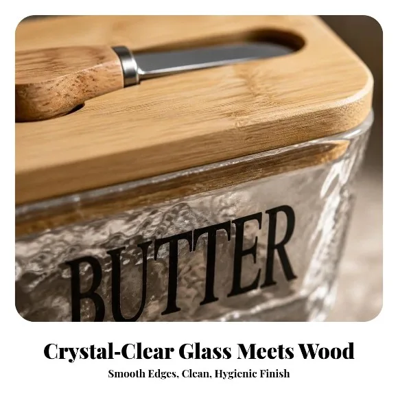 Rectangular Frosted Glass Butter Dish with Countertop Butter Container Glass with Wooden Lid