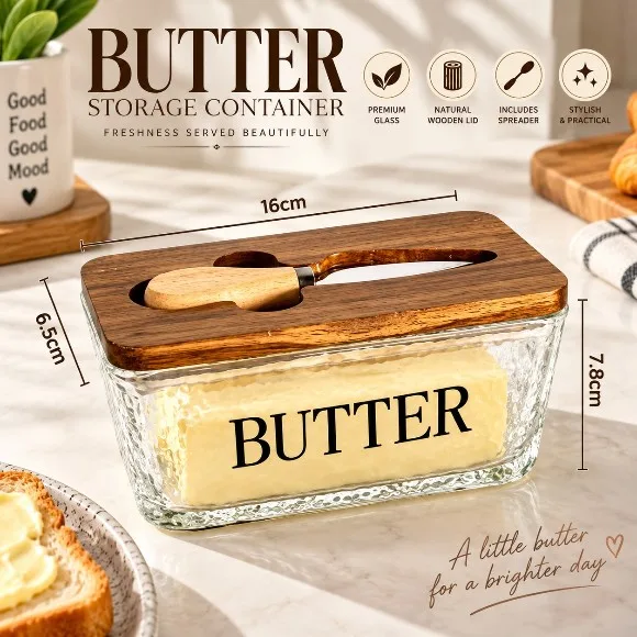 Rectangular Frosted Glass Butter Dish with Countertop Butter Container Glass with Wooden Lid