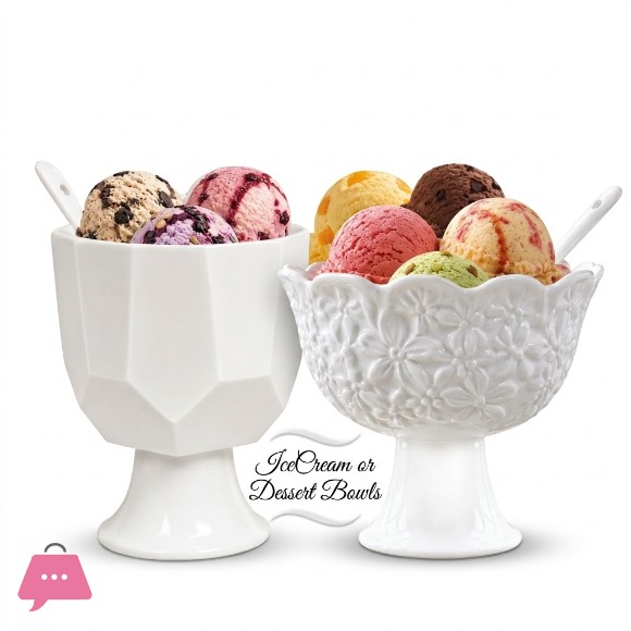Premium Ceramic Pedestal Ice Cream & Dessert Bowls with Spoons Set of 6 Bowls