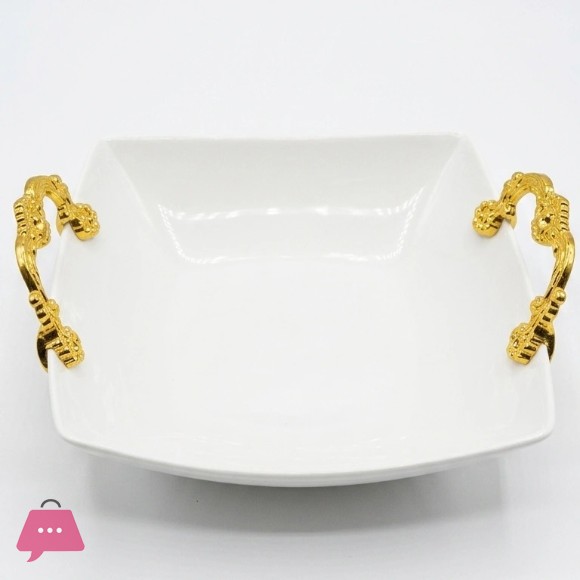 Imperial Ceramic Serving Bowl with Golden Decorative Handles – 11 Inch x 10 Inch