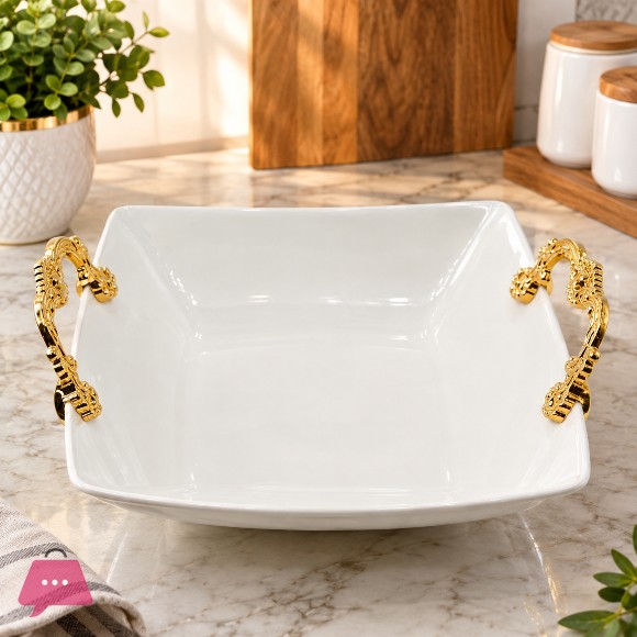 Imperial Ceramic Serving Bowl with Golden Decorative Handles – 11 Inch x 10 Inch