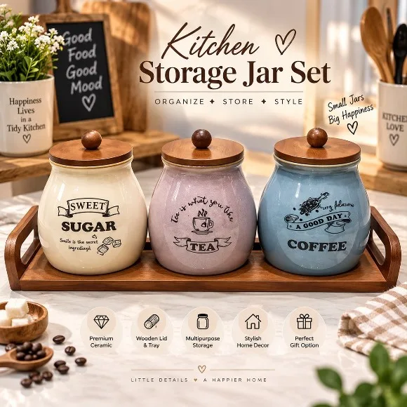 Pastel Ceramic Coffee, Tea & Sugar Canister with Wooden Tray & Airtight Lids Set (3 Pcs)
