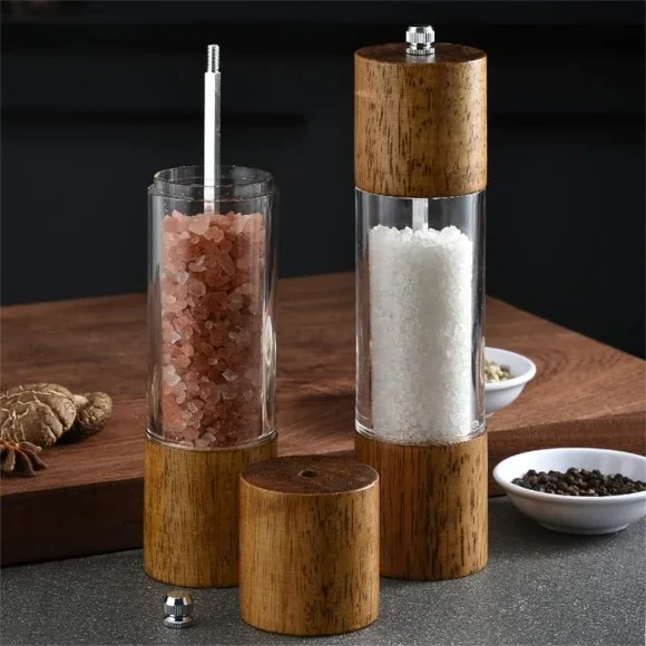 Salt and Pepper Grinder Crystal Acrylic Wood Adjustable Coarseness Ceramic Core Pepper Mill