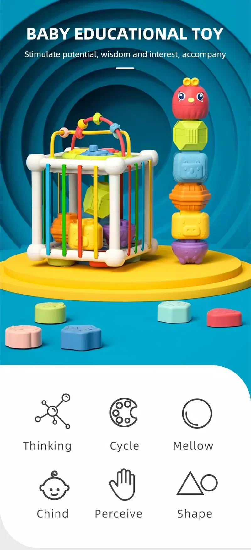 Tombotoys Wholesale Plastic Multifunction Baby Sensory Cube Educational Fine Motor Elastic Bands Skills Kids Shapes Game Sorting Baby Toys for Babies