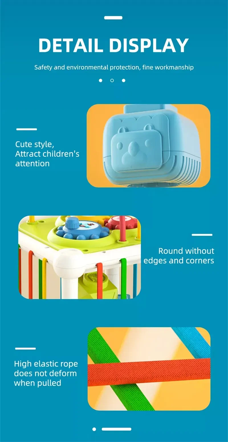 Tombotoys Wholesale Plastic Multifunction Baby Sensory Cube Educational Fine Motor Elastic Bands Skills Kids Shapes Game Sorting Baby Toys for Babies
