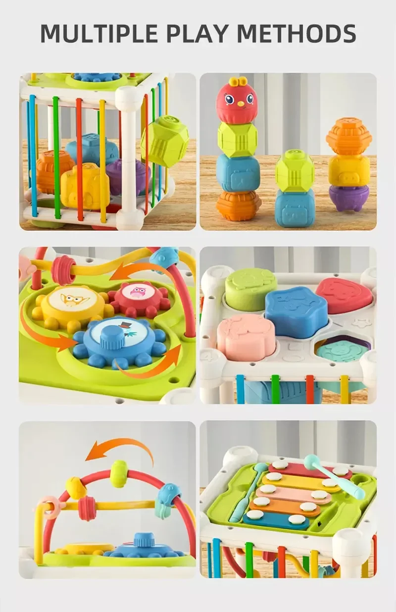 Tombotoys Wholesale Plastic Multifunction Baby Sensory Cube Educational Fine Motor Elastic Bands Skills Kids Shapes Game Sorting Baby Toys for Babies