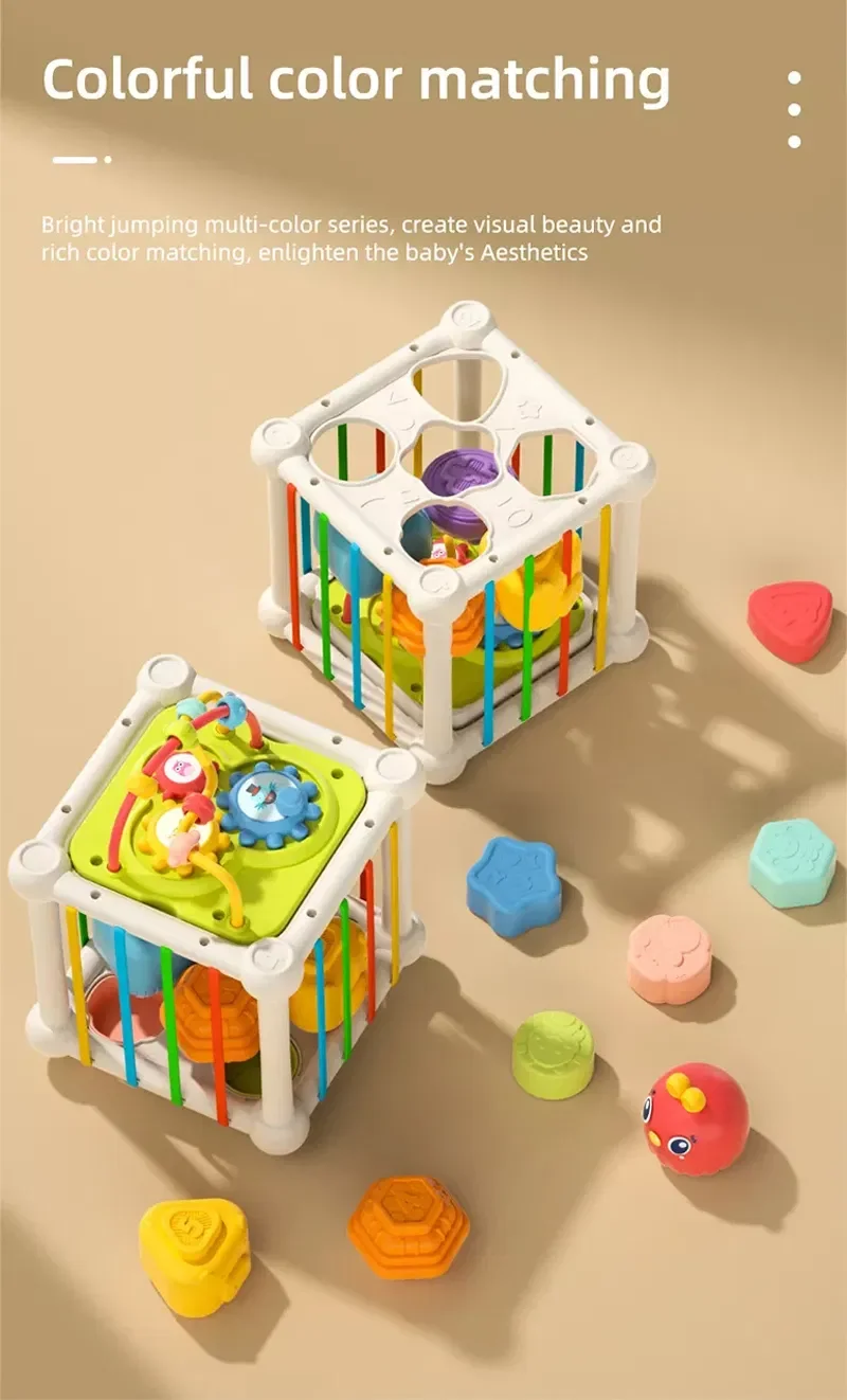 Tombotoys Wholesale Plastic Multifunction Baby Sensory Cube Educational Fine Motor Elastic Bands Skills Kids Shapes Game Sorting Baby Toys for Babies
