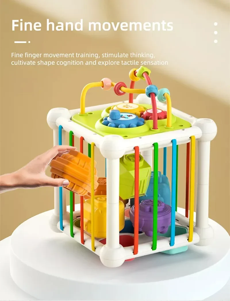 Tombotoys Wholesale Plastic Multifunction Baby Sensory Cube Educational Fine Motor Elastic Bands Skills Kids Shapes Game Sorting Baby Toys for Babies