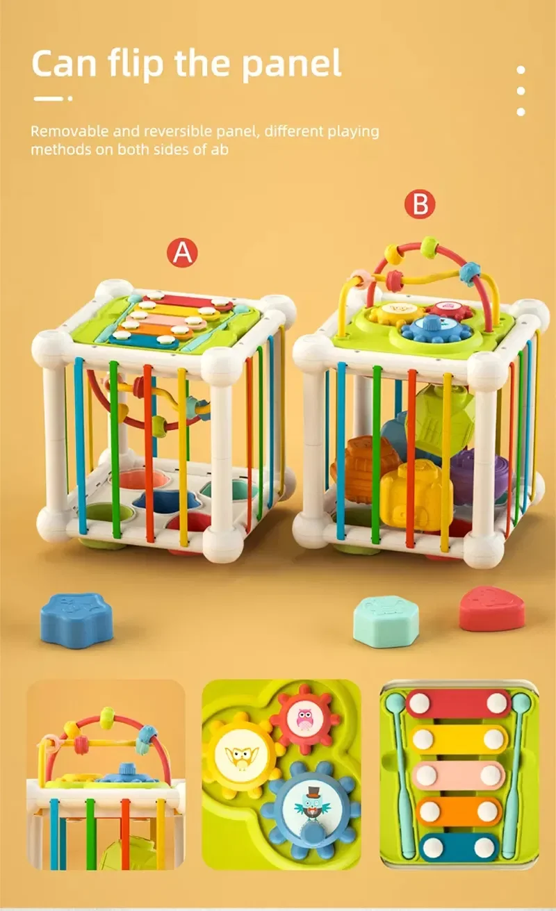 Tombotoys Wholesale Plastic Multifunction Baby Sensory Cube Educational Fine Motor Elastic Bands Skills Kids Shapes Game Sorting Baby Toys for Babies