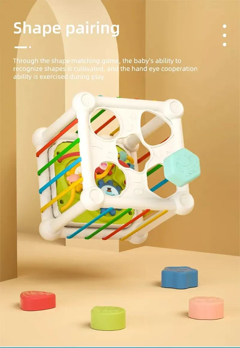 Tombotoys Wholesale Plastic Multifunction Baby Sensory Cube Educational Fine Motor Elastic Bands Skills Kids Shapes Game Sorting Baby Toys for Babies