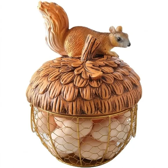 Squirrel Egg Basket Gold Wire Egg Baskets with Lid Farmhouse Style Egg Storage Container 