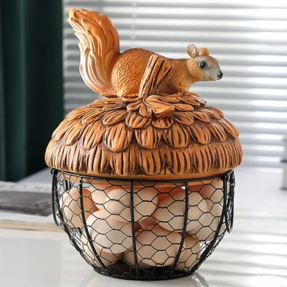 Squirrel Egg Basket Gold Wire Egg Baskets with Lid Farmhouse Style Egg Storage Container 