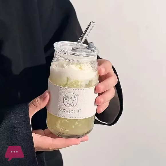Straw Glass Cup Suitable for Iced Coffee Soda Tea with Lid Straw And Sleeve 15.21 Oz Large Capacity