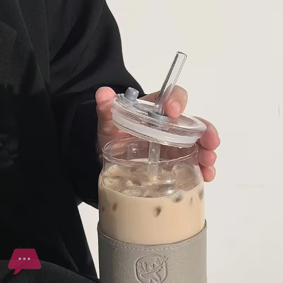 Straw Glass Cup Suitable for Iced Coffee Soda Tea with Lid Straw And Sleeve 15.21 Oz Large Capacity