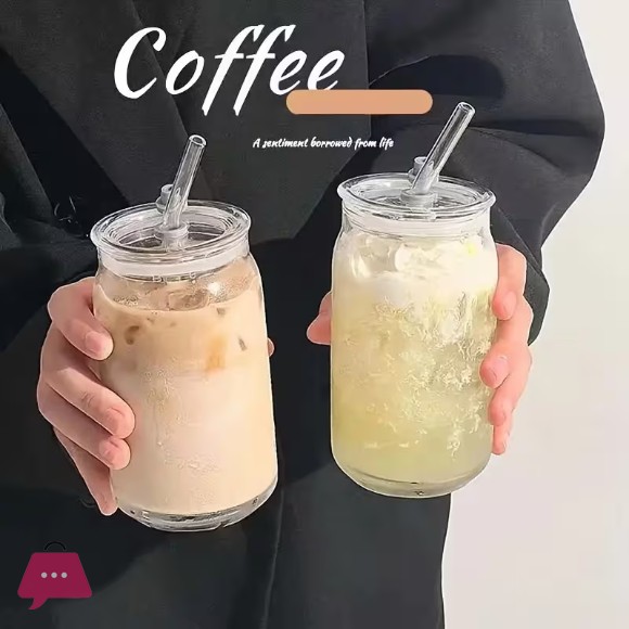 Straw Glass Cup Suitable for Iced Coffee Soda Tea with Lid Straw And Sleeve 15.21 Oz Large Capacity